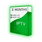 A green and white digital product box for a 3-month subscription featuring 12,000 live channels and 80,000 VOD titles, offered BY iPTV SHOP.