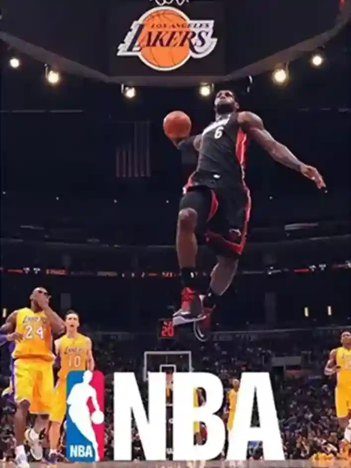 LeBron James soaring through the air, executing a powerful dunk during a basketball game.