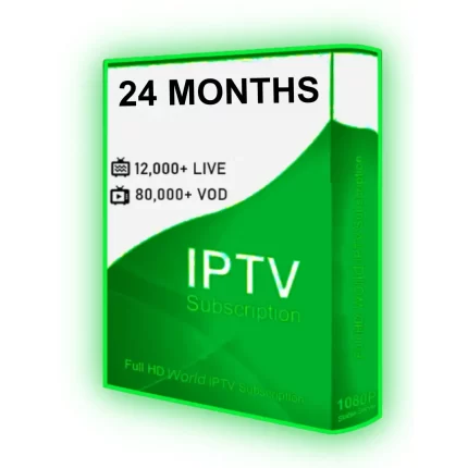 IPTV 24 Month package includes a green IPTV box displaying the text "24 MONTHS" and "IPTV Subscription." It offers features such as over 12,000 LIVE channels and more than 80,000 VOD options. The package is marketed as Full HD World IPTV Subscription with a resolution of 1080P.