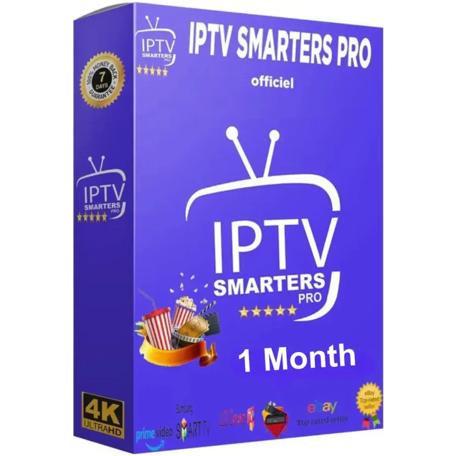 The packaging for IPTV Premium 1 Month in blue prominently features IPTV icons for streaming services and a 4K UltraHD label, along with symbols highlighting a 7-day money-back guarantee and customer satisfaction.