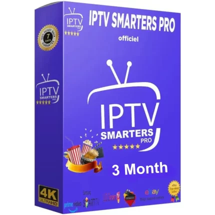 The IPTV Premium 3 Month package features a sleek purple design and includes a 3-month subscription with an official IPTV product label. Enjoy watching in 4K ULTRAHD quality with icons for Netflix, Prime Video, Smart TV, and eBay displayed on the box. To enhance your viewing experience, it also comes with popcorn and 3D glasses.