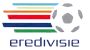 Eredivisie logo featuring a stylized football with grey hexagonal panels next to several horizontal colored speed lines, with the word "eredivisie" below in blue.