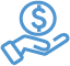 A blue minimalist hand icon holding a dollar coin to illustrate the cost-saving benefits of BYiPTV.SHOP.