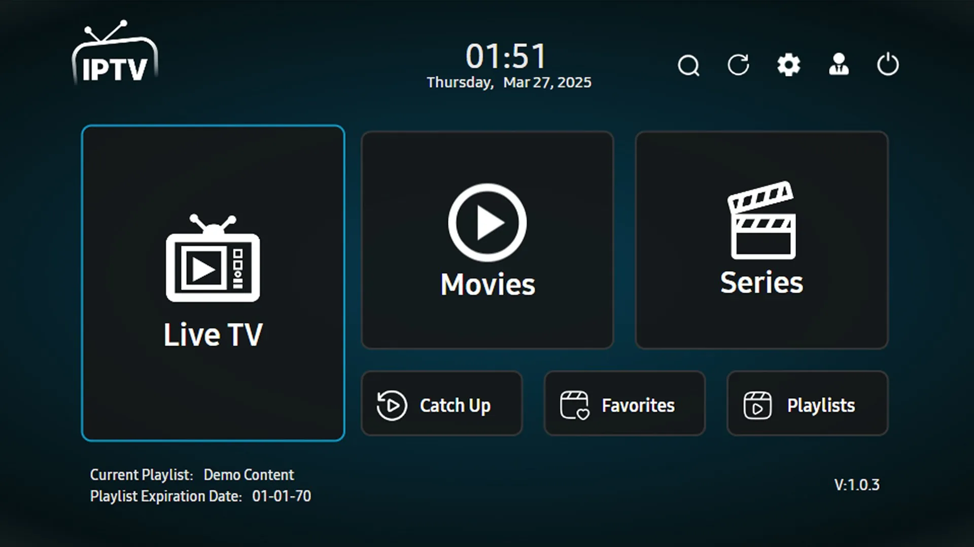 A digital dashboard for an IPTV application featuring a dark blue theme with large navigation tiles for Live TV, Movies, and Series, along with system information like time, date, and software version.