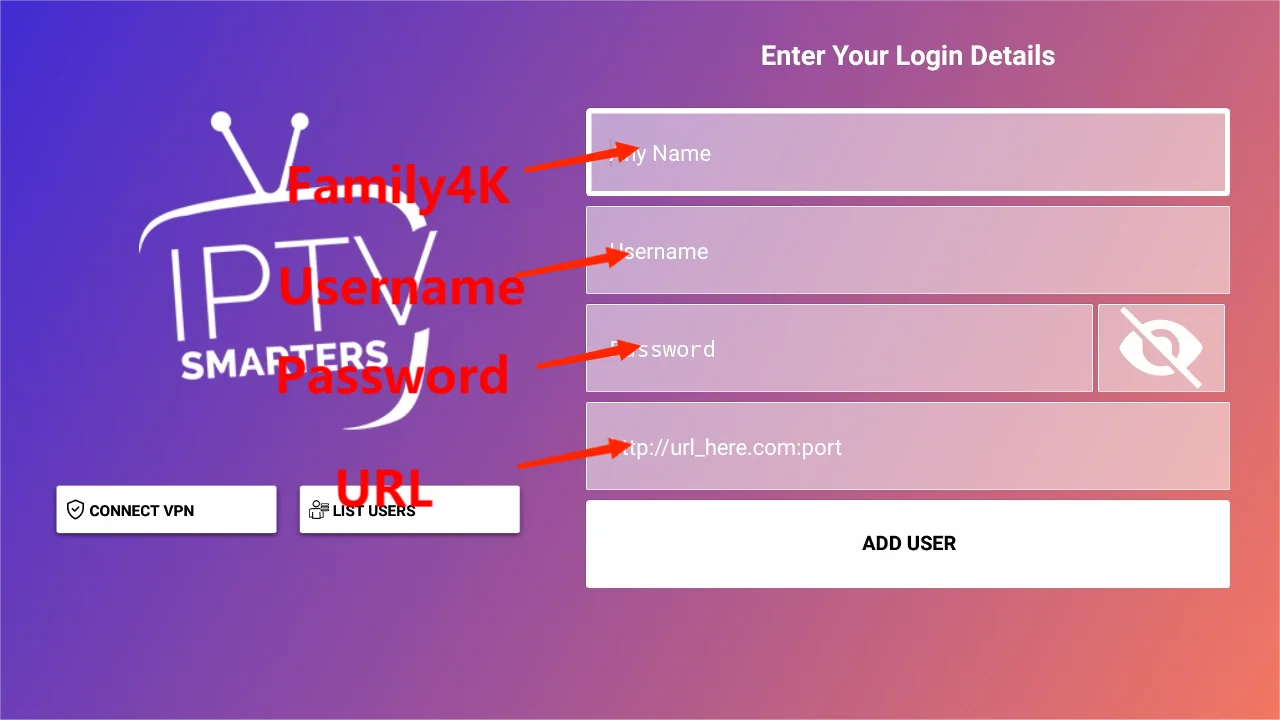 IPTV Smarters Pro Family4K login screen showing username, password, and URL entry fields for Xtream Codes setup 2026