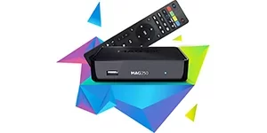 MAG250 IPTV set-top box with remote control on colorful geometric background for 4K IPTV setup guide 2026